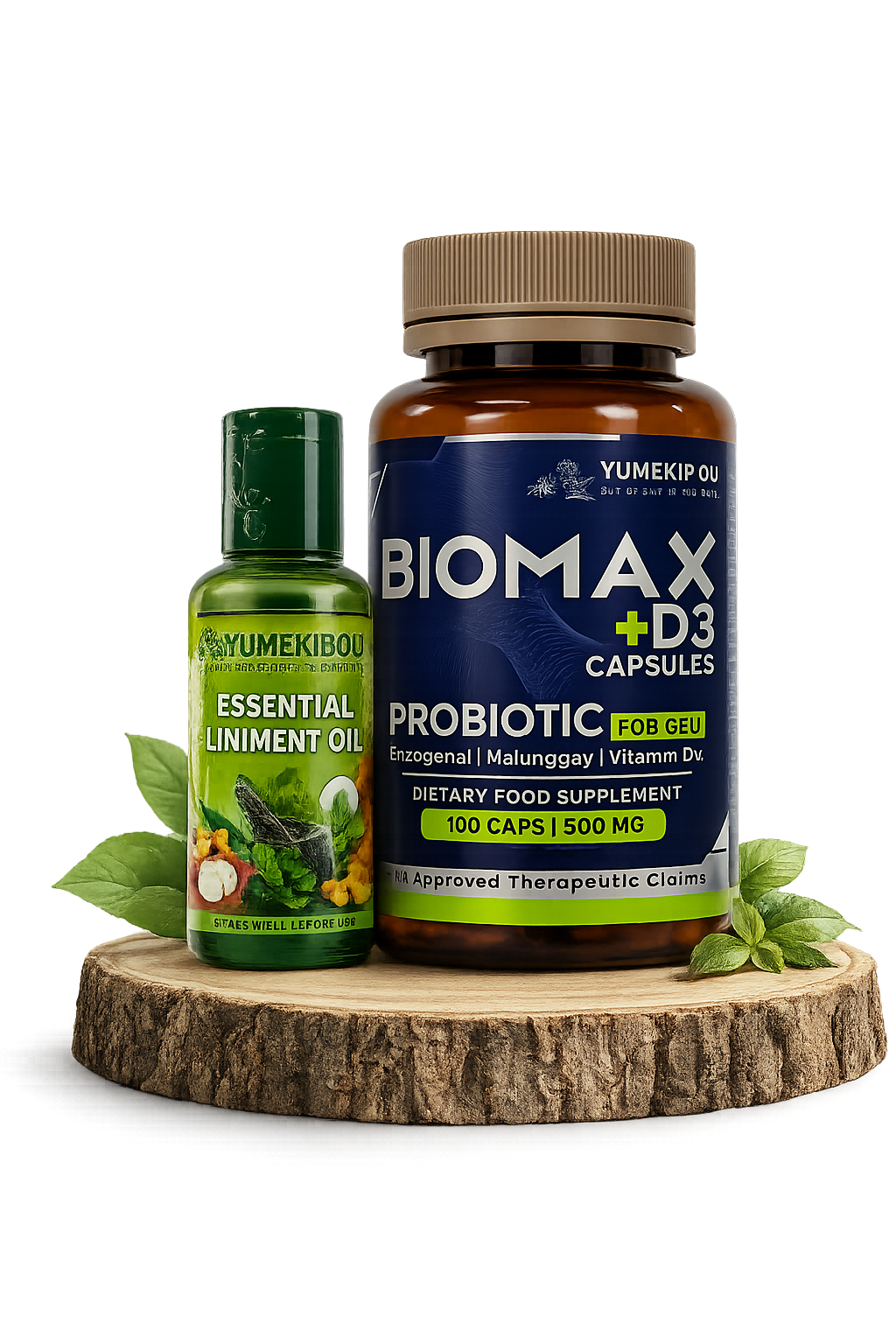 YUMEKIBOU BIOMAX PLUS D3 and Essenzial Liniment Oil on a natural wood pedestal